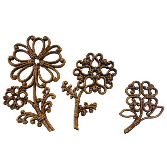 Homco Other - Set Of 3 Vintage Homco Flower Wall MCM Decor, 7", 6" & 4.5"  Brown Gold Plastic
